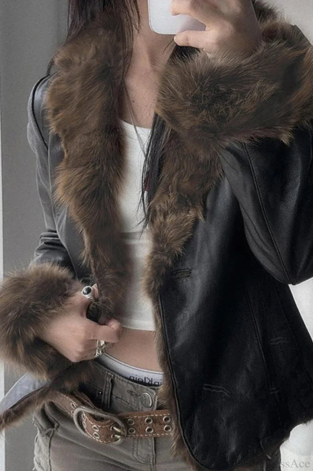 Woman wearing Leather-Look Coat with Fur Panels from Hicosy