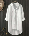 Linen Collared Double Pocket Roll Tab Sleeve Longline Casual Blouse