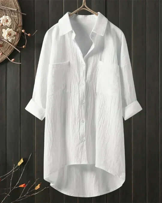 Linen Collared Double Pocket Roll Tab Sleeve Longline Casual Blouse