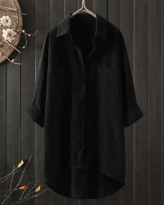 Linen Collared Double Pocket Roll Tab Sleeve Longline Casual Blouse