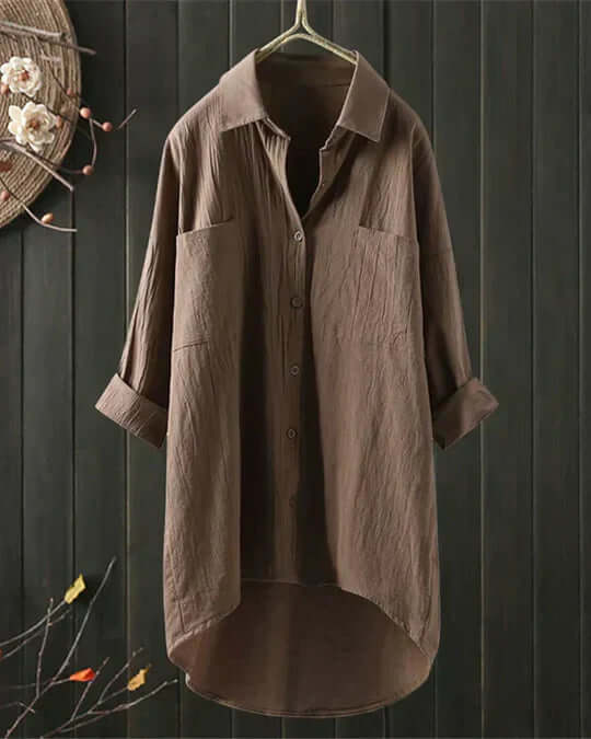 Linen Collared Double Pocket Roll Tab Sleeve Longline Casual Blouse