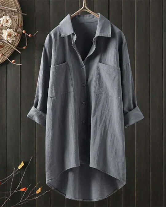 Linen Collared Double Pocket Roll Tab Sleeve Longline Casual Blouse