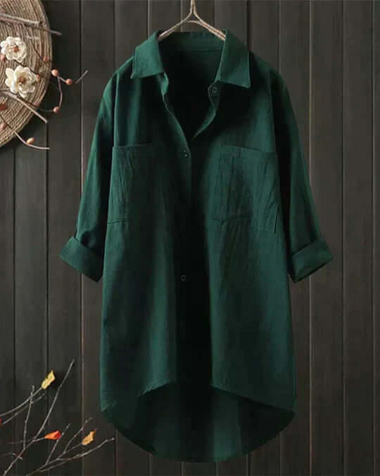 Linen Collared Double Pocket Roll Tab Sleeve Longline Casual Blouse