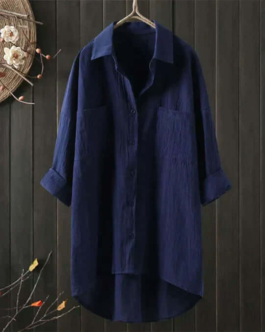 Linen Collared Double Pocket Roll Tab Sleeve Longline Casual Blouse