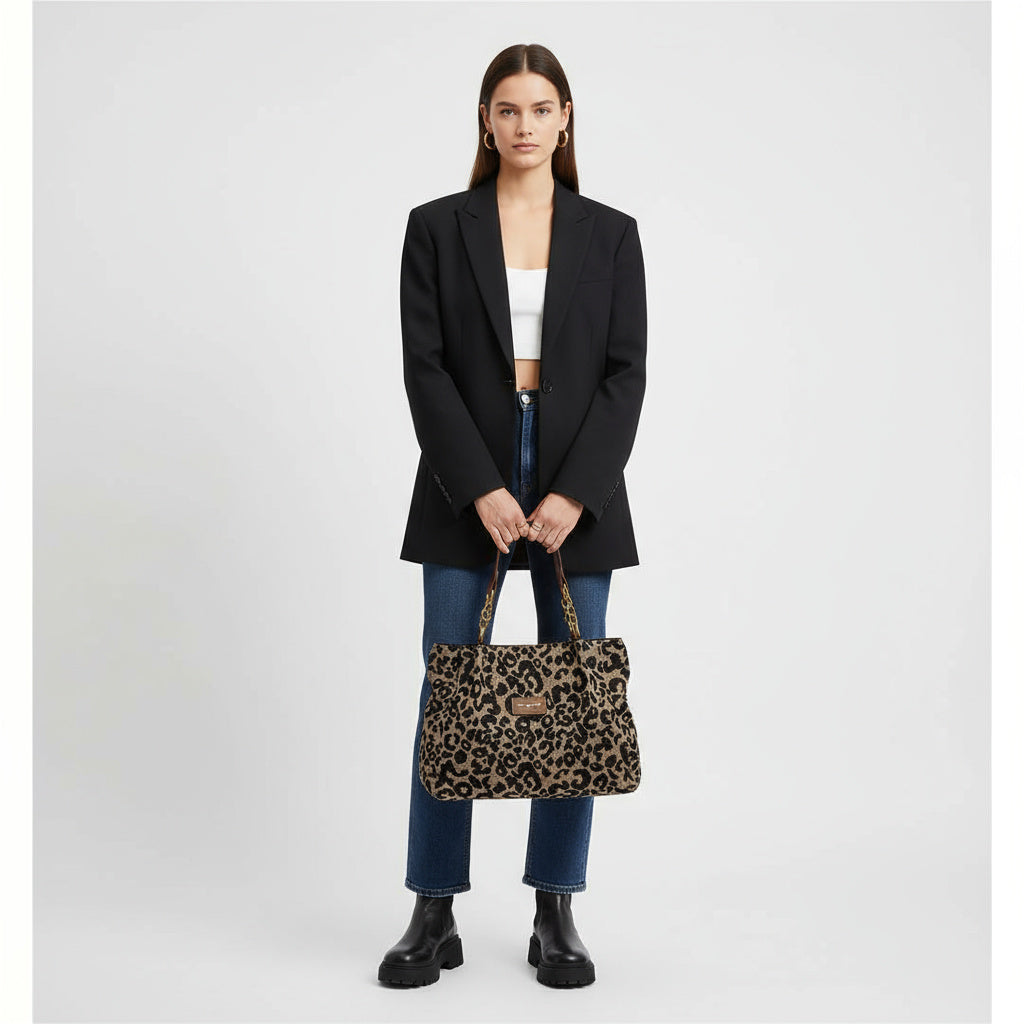 Leopard Print Woven Jacquard Gold Chain Shoulder Tote Bag