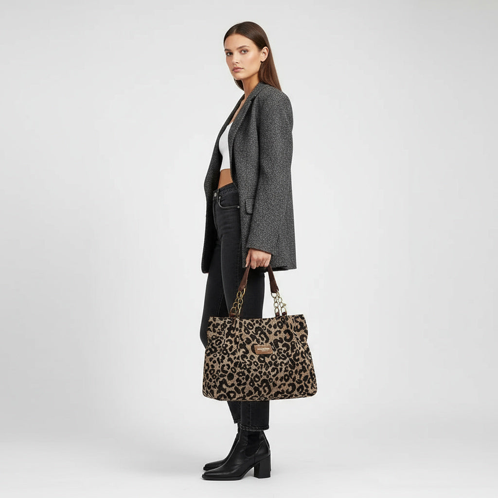 Leopard Print Woven Jacquard Gold Chain Shoulder Tote Bag