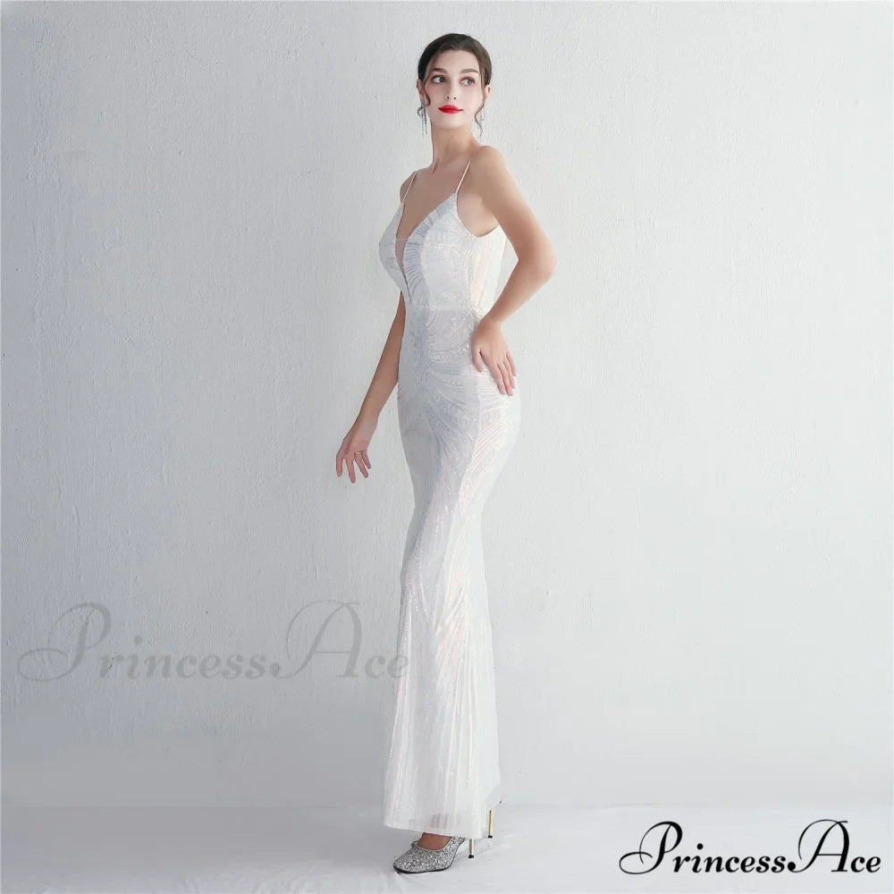 Woman wearing White Scroll-Sequin Mermaid Formal Gown from Hicosy — view 4