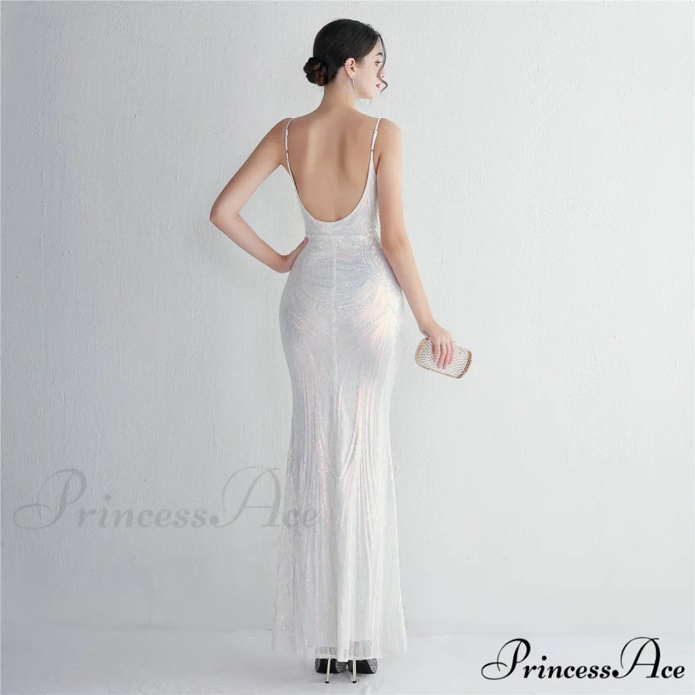 Woman wearing White Scroll-Sequin Mermaid Formal Gown from Hicosy — view 5