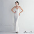 Woman wearing White Scroll-Sequin Mermaid Formal Gown from Hicosy