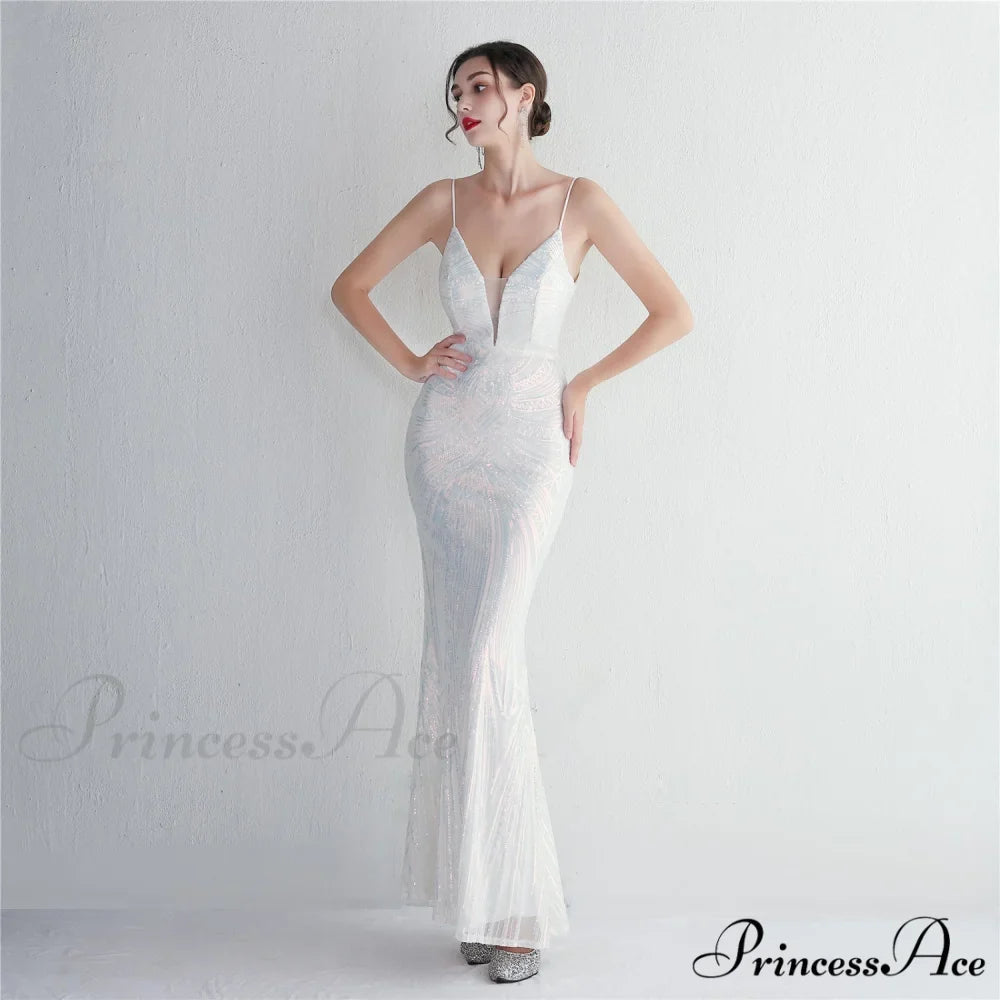 Woman wearing White Scroll-Sequin Mermaid Formal Gown from Hicosy