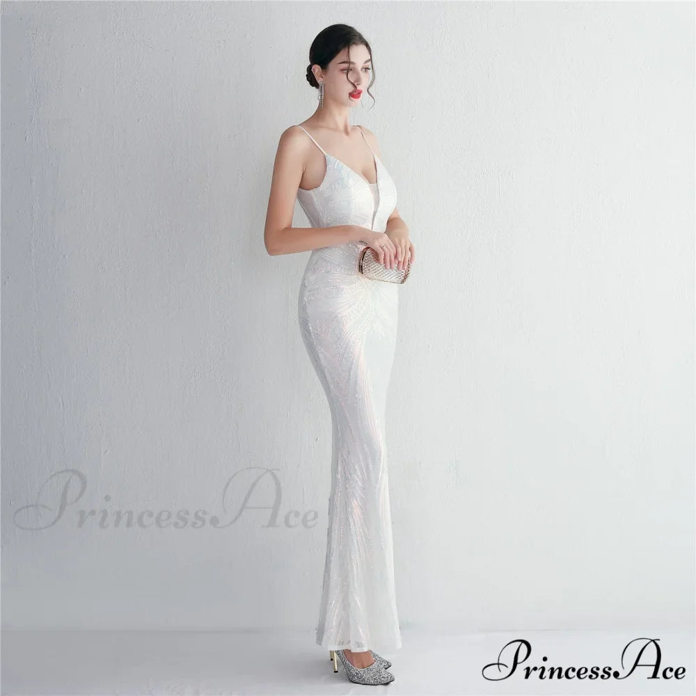 Woman wearing White Scroll-Sequin Mermaid Formal Gown from Hicosy — view 6