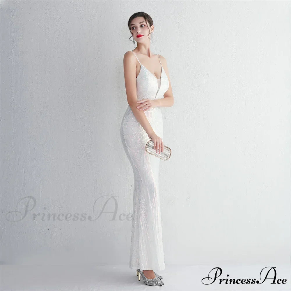 Woman wearing White Scroll-Sequin Mermaid Formal Gown from Hicosy — view 3