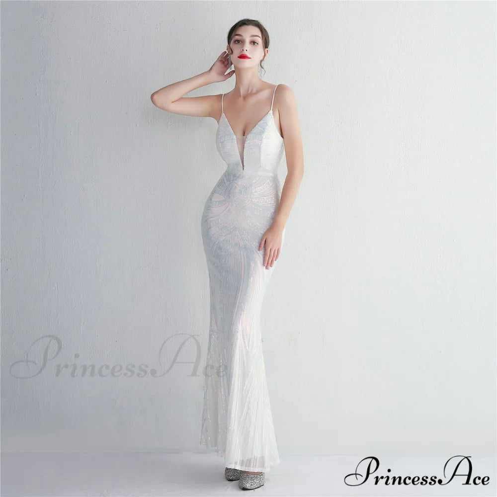 Woman wearing White Scroll-Sequin Mermaid Formal Gown from Hicosy — view 2
