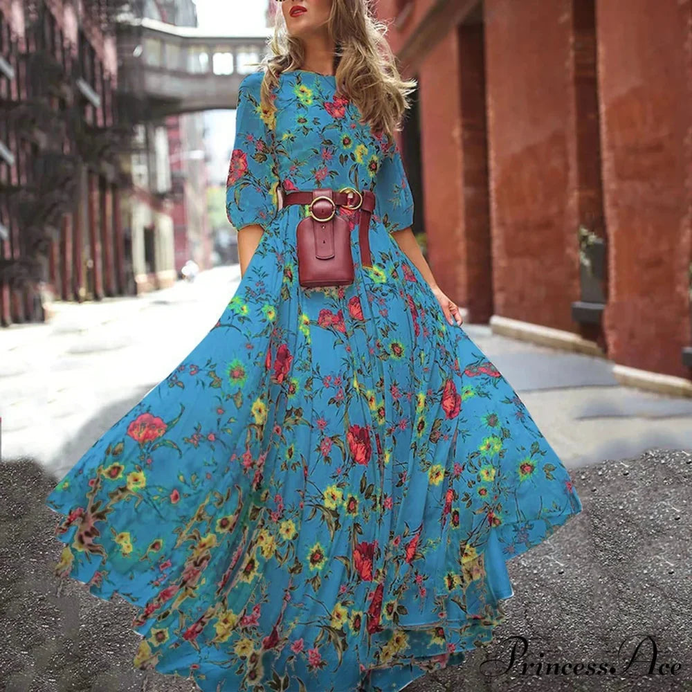 Long Dress Floral Pattern Pleated Swing Evening Dress