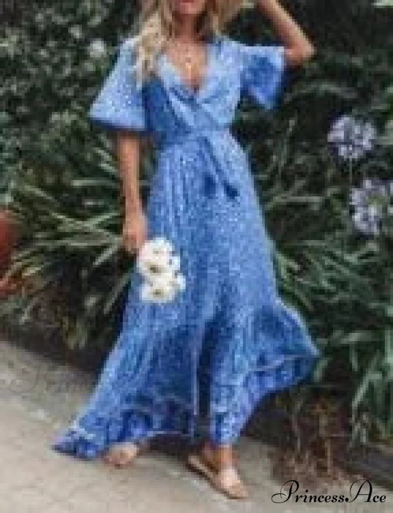 Long Dresses for Women Cotton Rayon Blue Floral Print Deep V-neck Boho Summer Dress