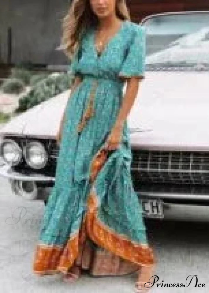 Long Dresses for Women Cotton Rayon Blue Floral Print Deep V-neck Boho Summer Dress