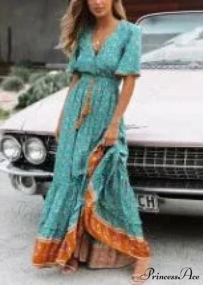 Long Dresses for Women Cotton Rayon Blue Floral Print Deep V-neck Boho Summer Dress