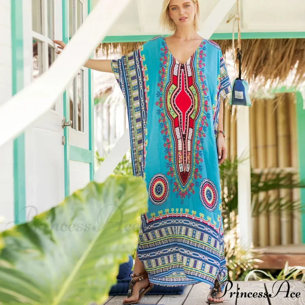 Long Kaftan Dress Rayon Cultural Floral Print Beach Sundress