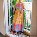 Long Sleeve Bind Neck Ethnic Yellow Floral Print Cotton Maxi Boho Dress