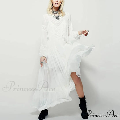 Long Sleeve Maxi Dress Crimson Floral Embroidery Fringe Boho Dress