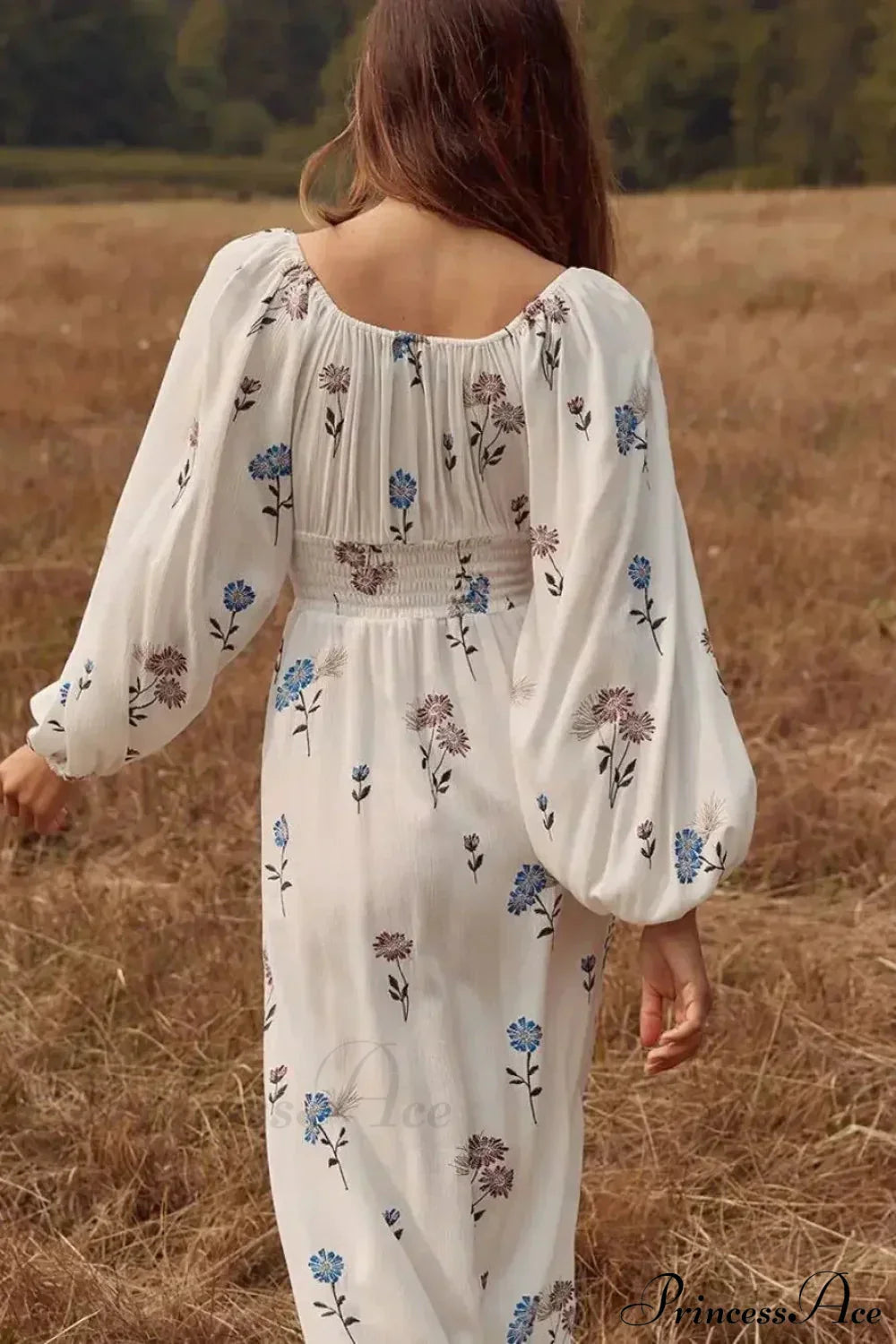 Long-sleeved Stretch Waist Split White Boho Dress