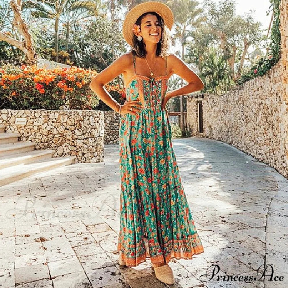 Long Strap Dress Emerald Rayon Floral Print Bohemian Summer Dress