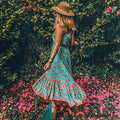 Long Strap Dress Emerald Rayon Floral Print Bohemian Summer Dress