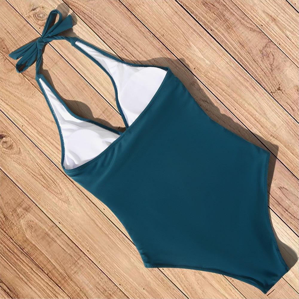 Print Wrap Halter Ruched One Piece Swimsuit