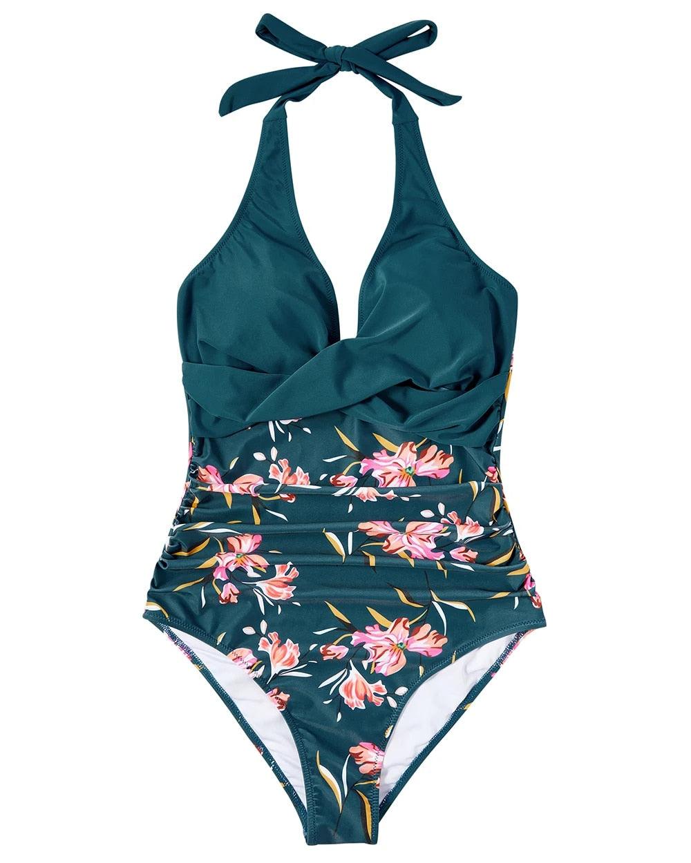 Print Wrap Halter Ruched One Piece Swimsuit