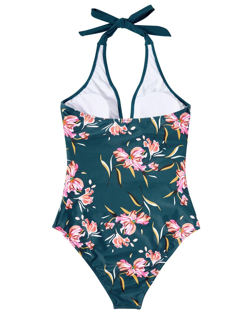 Print Wrap Halter Ruched One Piece Swimsuit