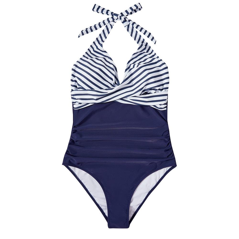 Print Wrap Halter Ruched One Piece Swimsuit