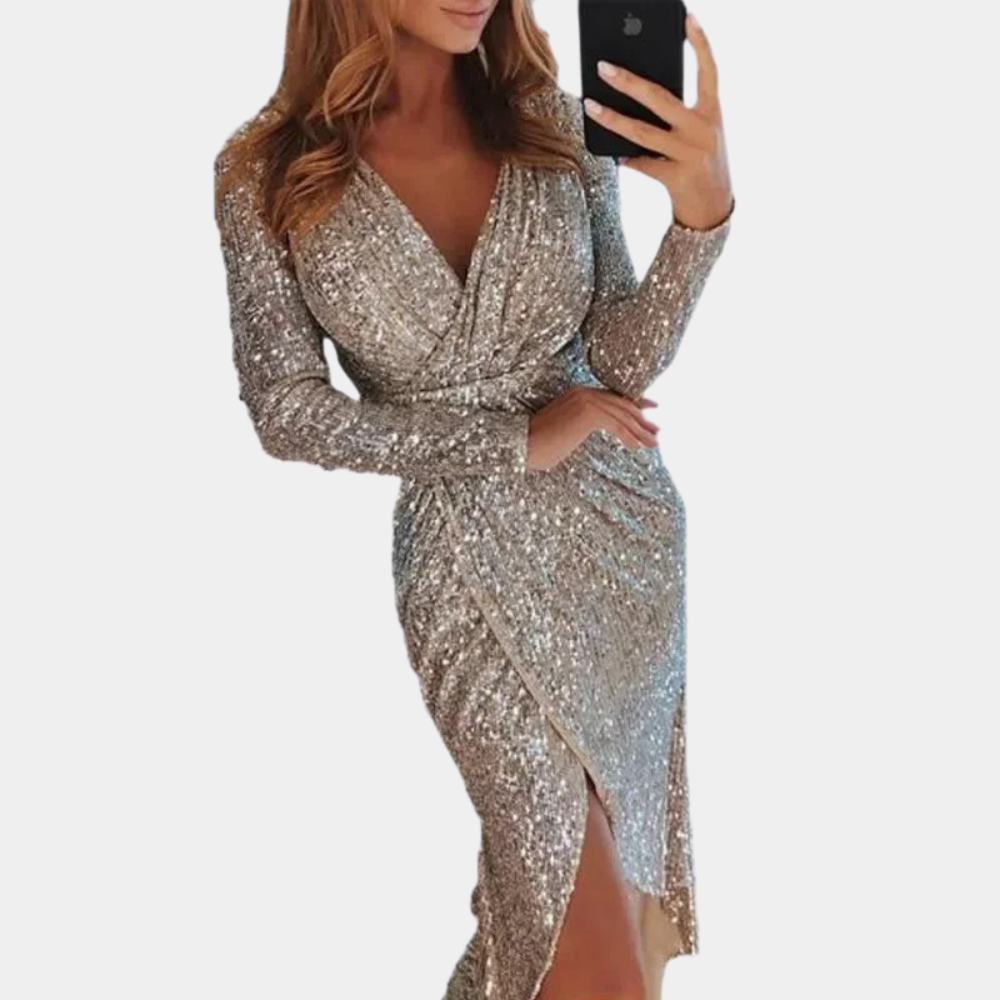 Sequin Wrap Long Sleeve Homecoming Dress