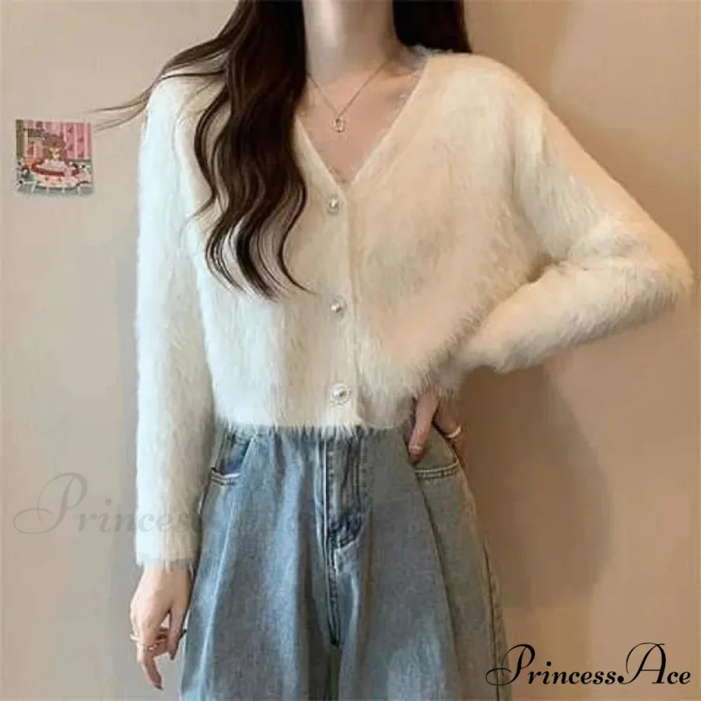 Luminous Sleeve V-Neck Monochrome Button-Up Knit Cardigan Coat