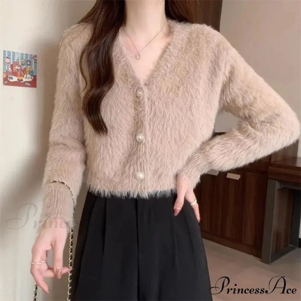 Luminous Sleeve V-Neck Monochrome Button-Up Knit Cardigan Coat