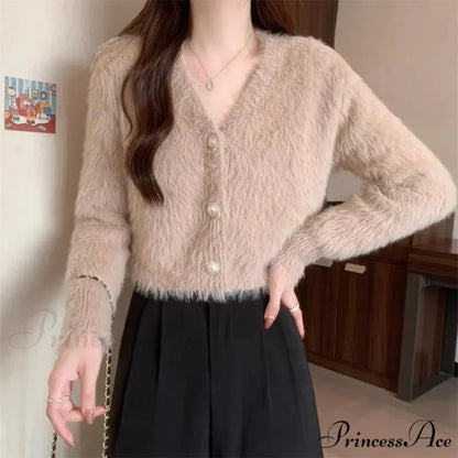 Luminous Sleeve V-Neck Monochrome Button-Up Knit Cardigan Coat