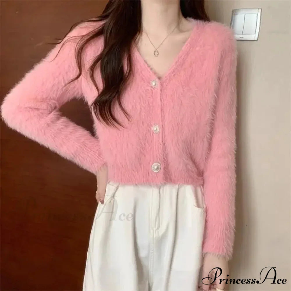 Luminous Sleeve V-Neck Monochrome Button-Up Knit Cardigan Coat