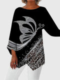 Glitter Butterfly Print Asymmetric Hem Long Sleeve Top