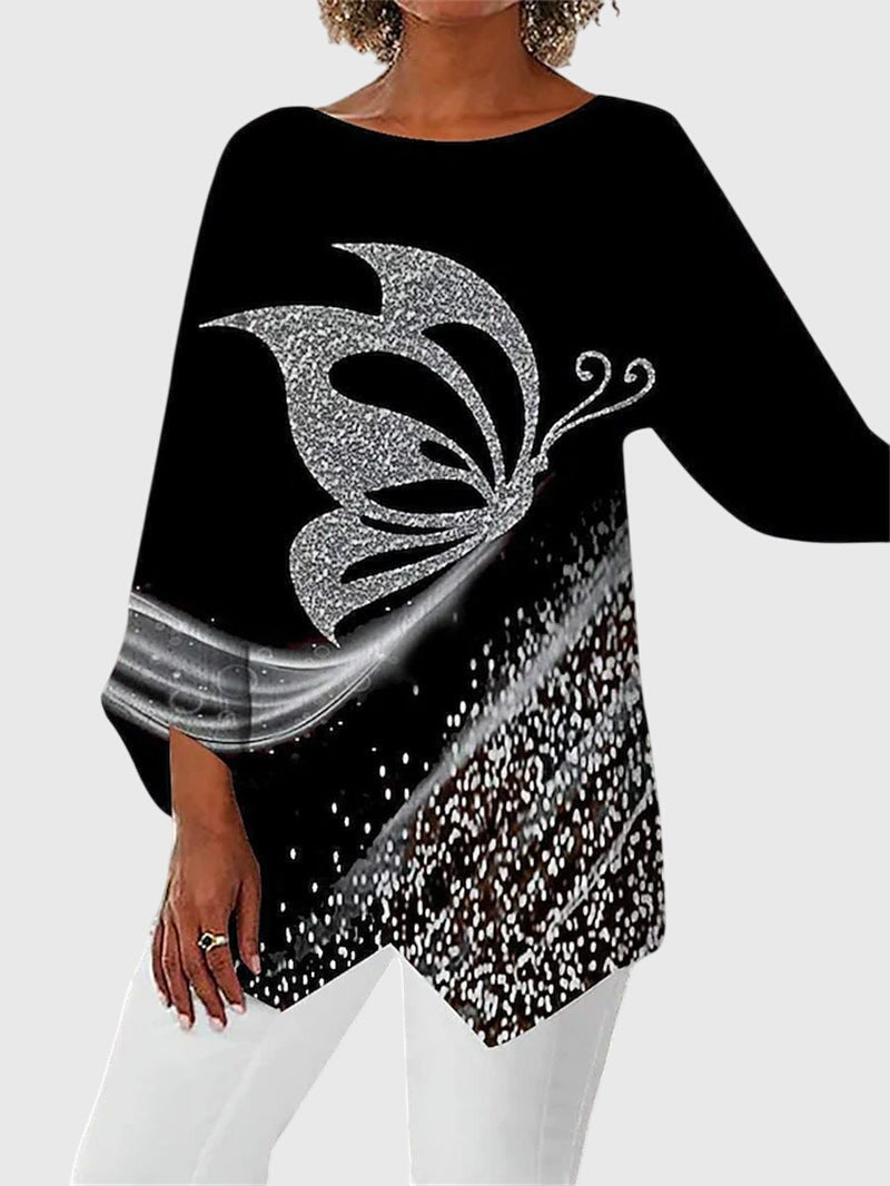 Glitter Butterfly Print Asymmetric Hem Long Sleeve Top