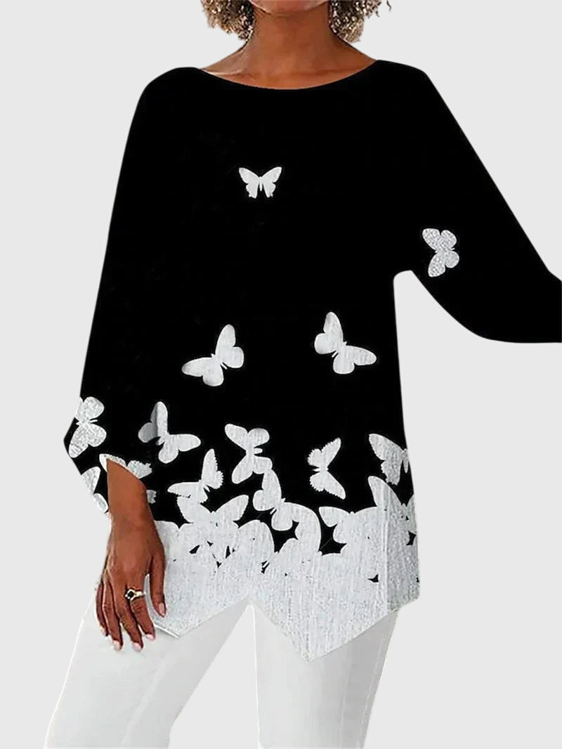 Glitter Butterfly Print Asymmetric Hem Long Sleeve Top