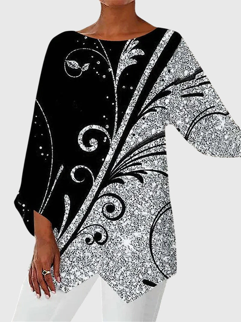 Glitter Butterfly Print Asymmetric Hem Long Sleeve Top