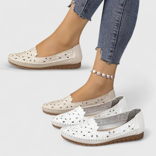 Floral Cutout Perforated Slip On Casual Leather Ballet Flat