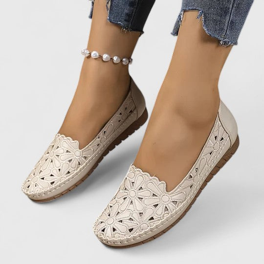 Floral Cutout Perforated Slip On Casual Leather Ballet Flat