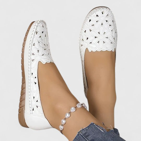 Floral Cutout Perforated Slip On Casual Leather Ballet Flat
