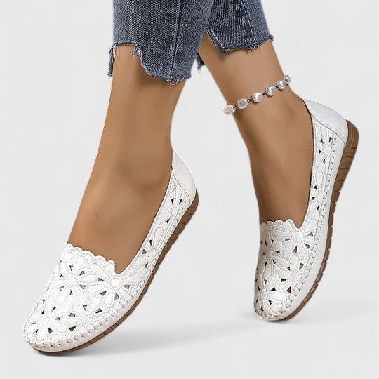 Floral Cutout Perforated Slip On Casual Leather Ballet Flat