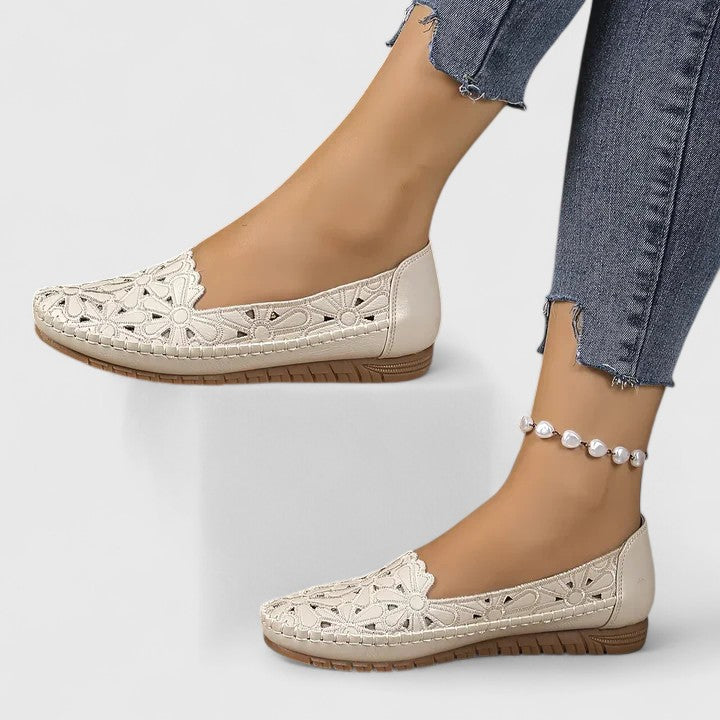 Floral Cutout Perforated Slip On Casual Leather Ballet Flat