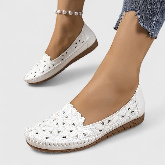 Floral Cutout Perforated Slip On Casual Leather Ballet Flat