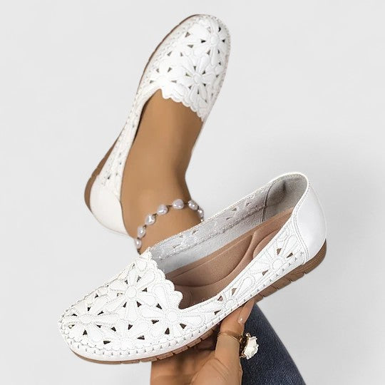 Floral Cutout Perforated Slip On Casual Leather Ballet Flat
