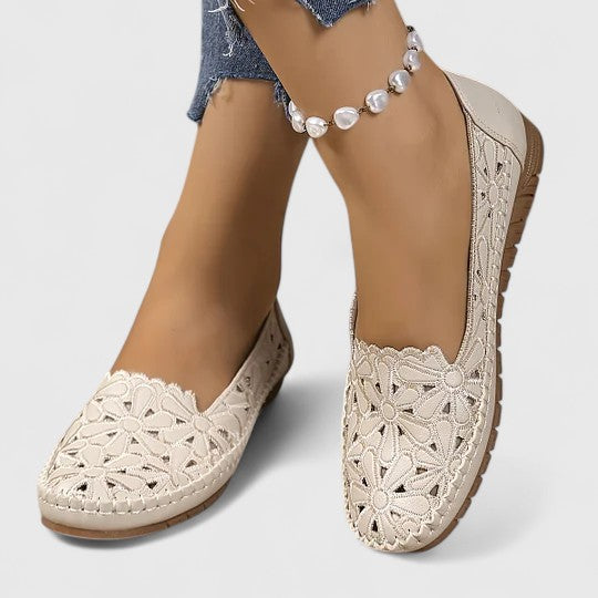 Floral Cutout Perforated Slip On Casual Leather Ballet Flat