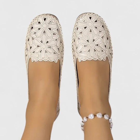 Floral Cutout Perforated Slip On Casual Leather Ballet Flat