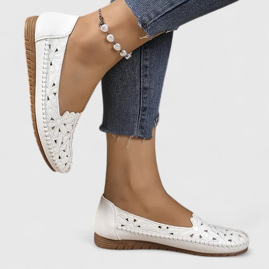 Floral Cutout Perforated Slip On Casual Leather Ballet Flat